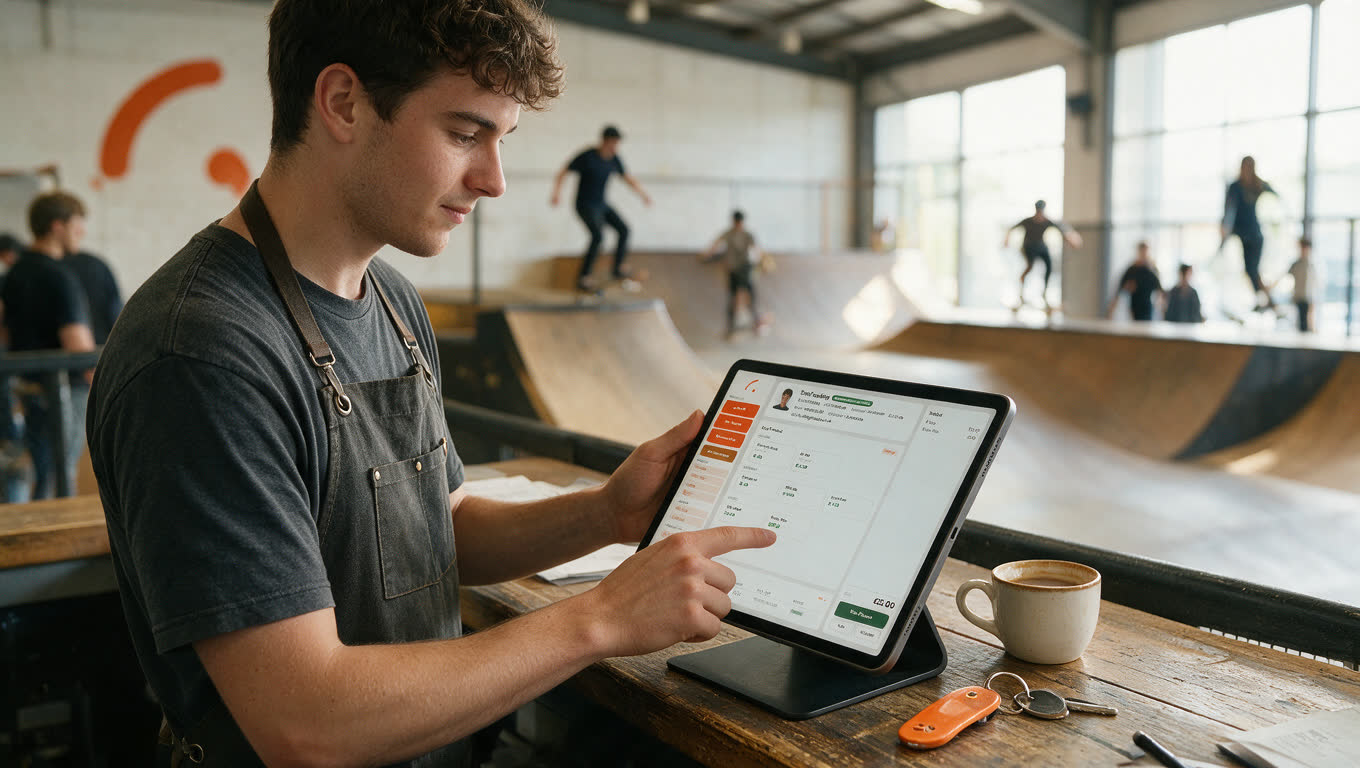 A member of staff checking a rider in on an iPad at the front desk, with the park behind them.